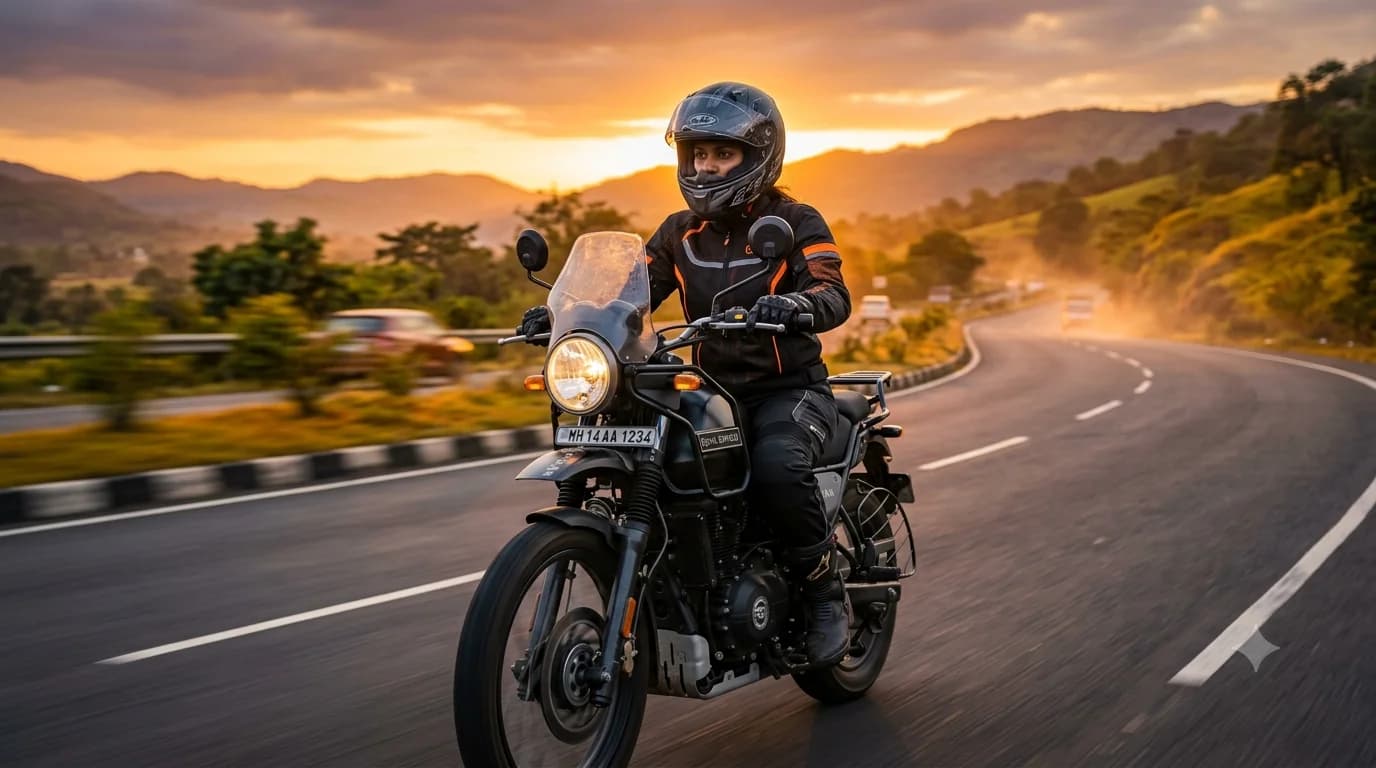 A woman rider in full protective gear at golden hour