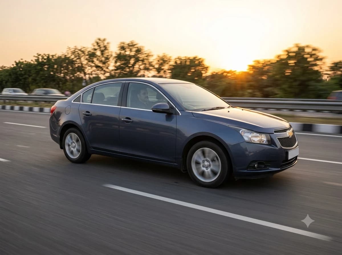 A sedan on the highway at sunset