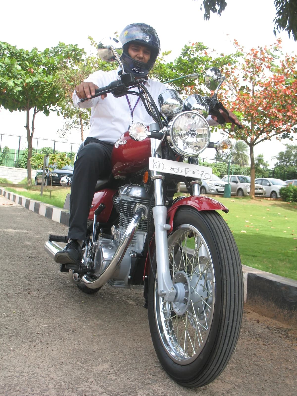A rider in a full-face helmet seen from the front