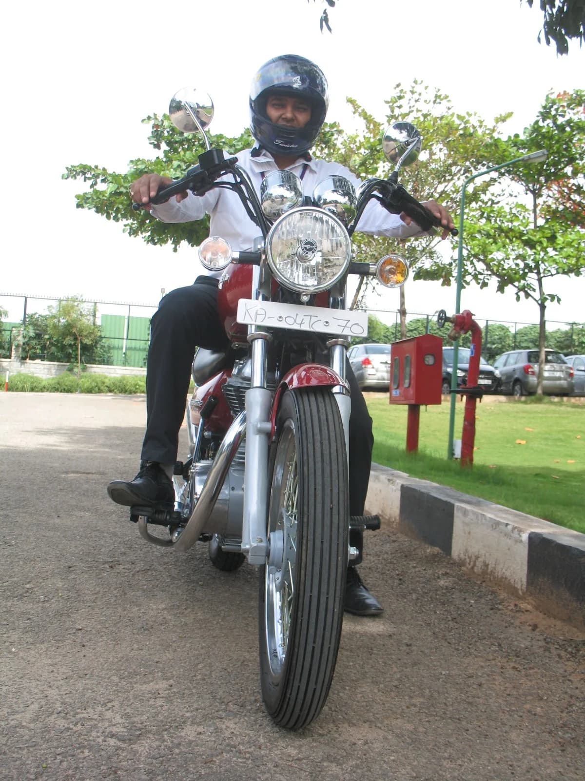 A low-angle shot of a rider in a helmet
